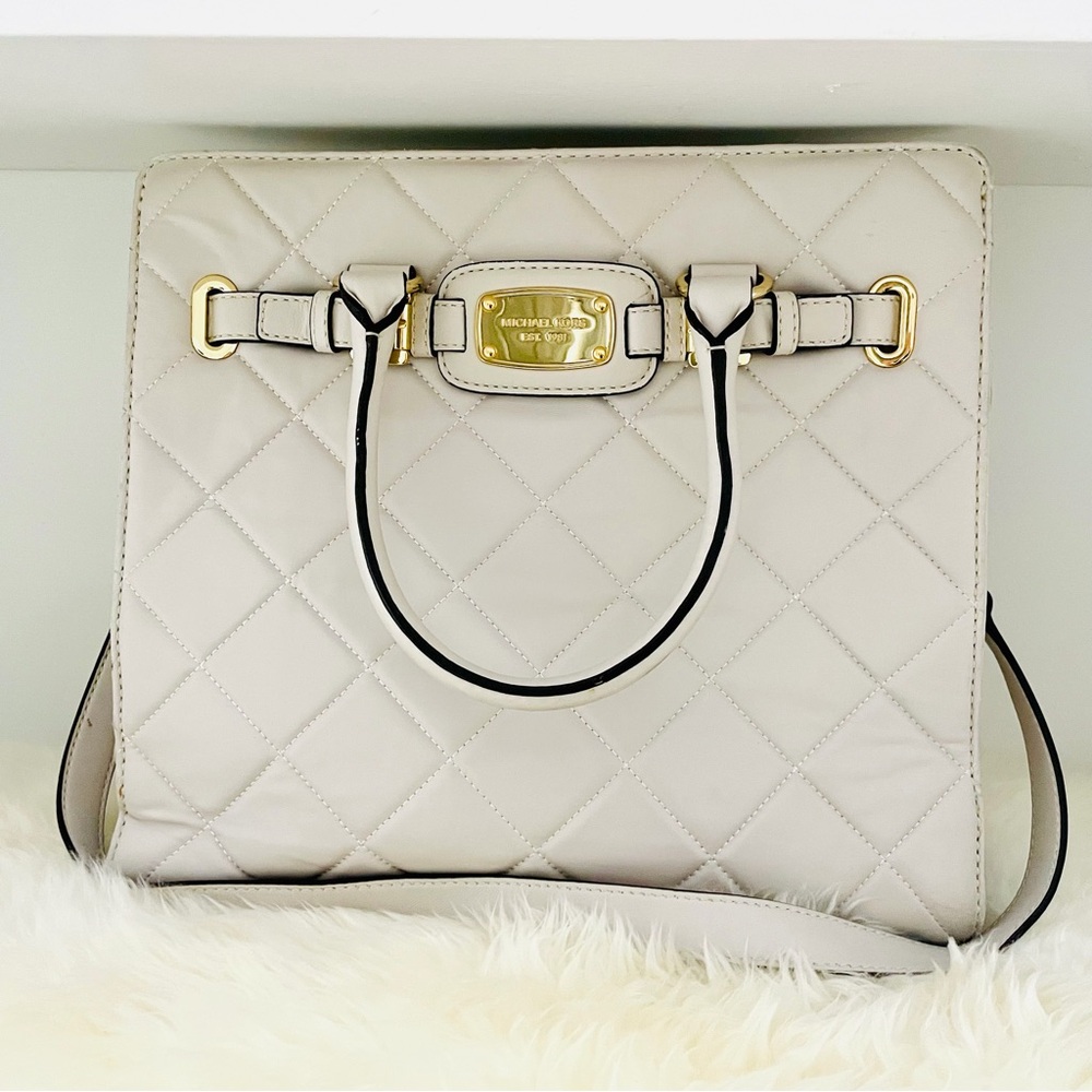 Michael Kors Quilted Leather Satchel Cream Gold Hardware Large Tote Bag